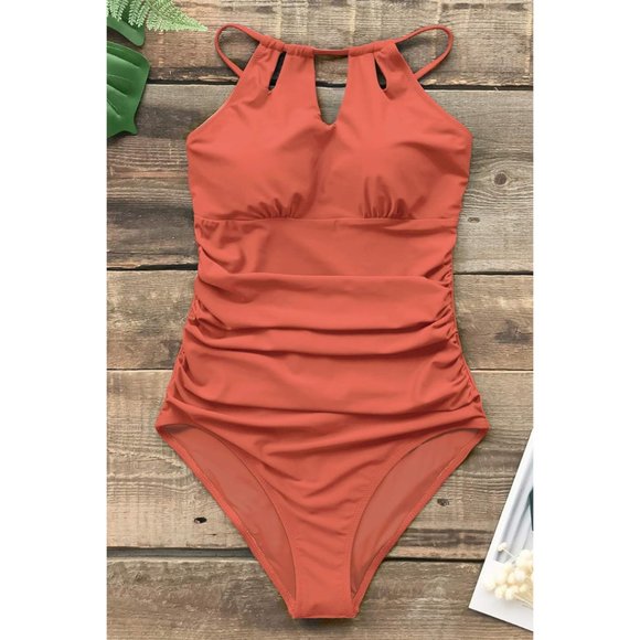 NWT Women's Cutout High Neck Back Tie One Piece Swimsuit - Orange - Large - Picture 1 of 5